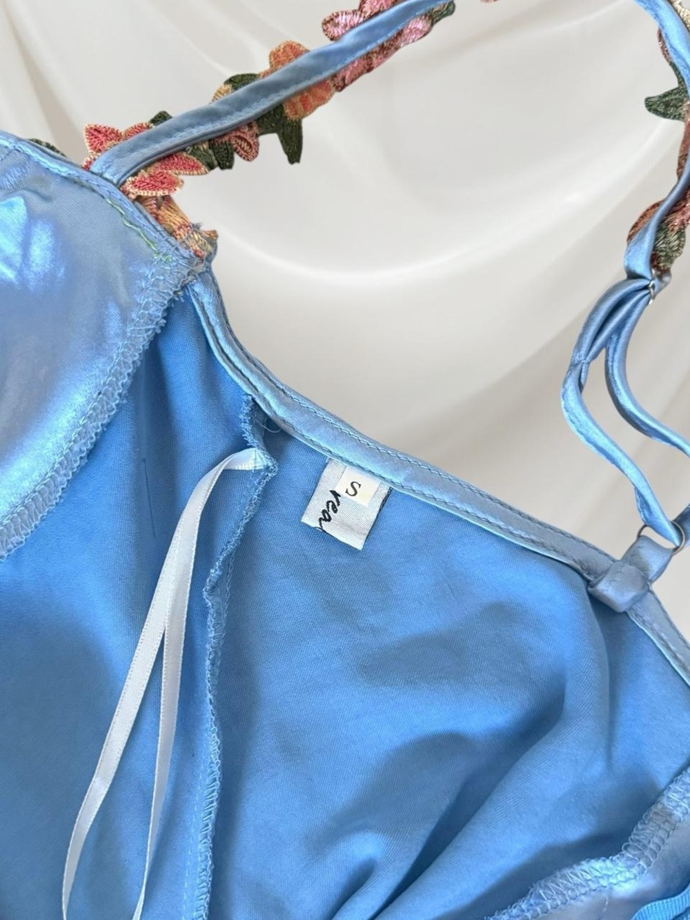Floral Trim Satin Slip Dress in Light Blue - Picture 10 of 10